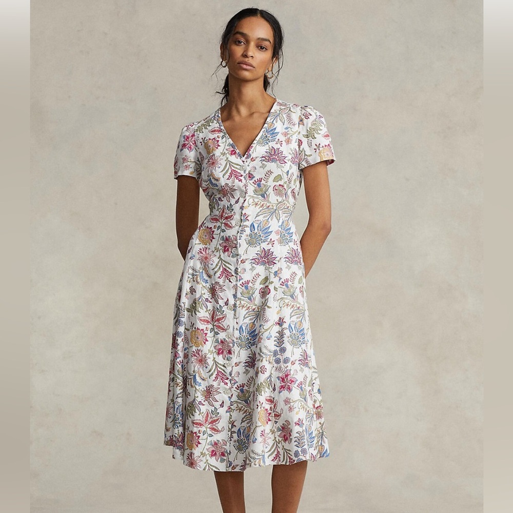 Ralph Lauren Linen Floral Midi Dress - White, Pink, Blue